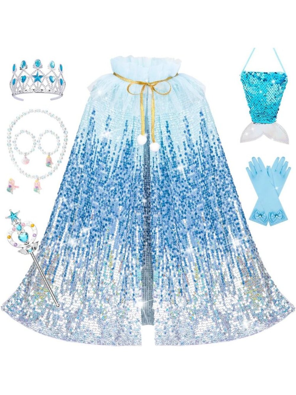 Mermaid Princess Dress Up Cape with Crown Costume Set for Girls -Ice Blue